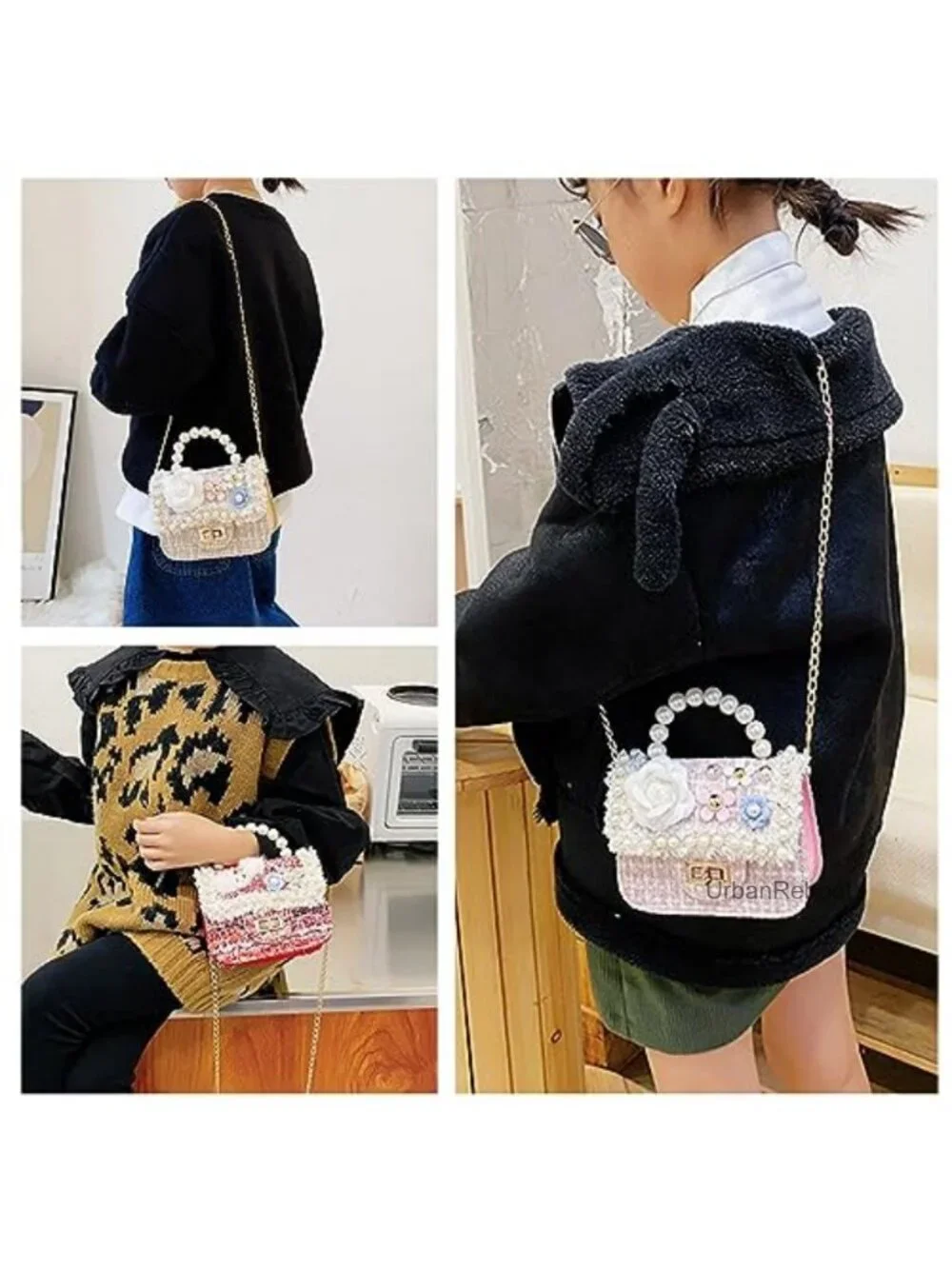 Toddler Girls Crossbody Purse PU Leather Pearl Flower Mini Handbag